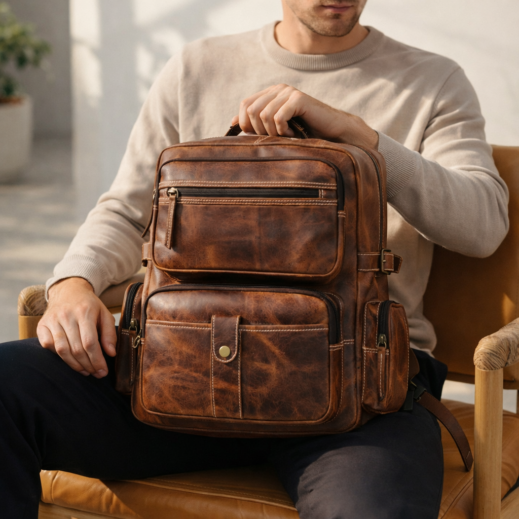 Unisex Leather Backpack Premium Travel Laptop Bag Large Capacity Leather Rucksack