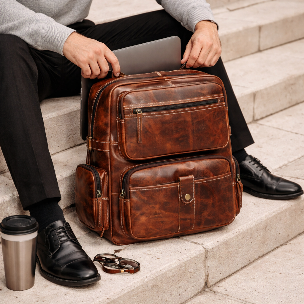 Unisex Leather Backpack Premium Travel Laptop Bag Large Capacity Leather Rucksack