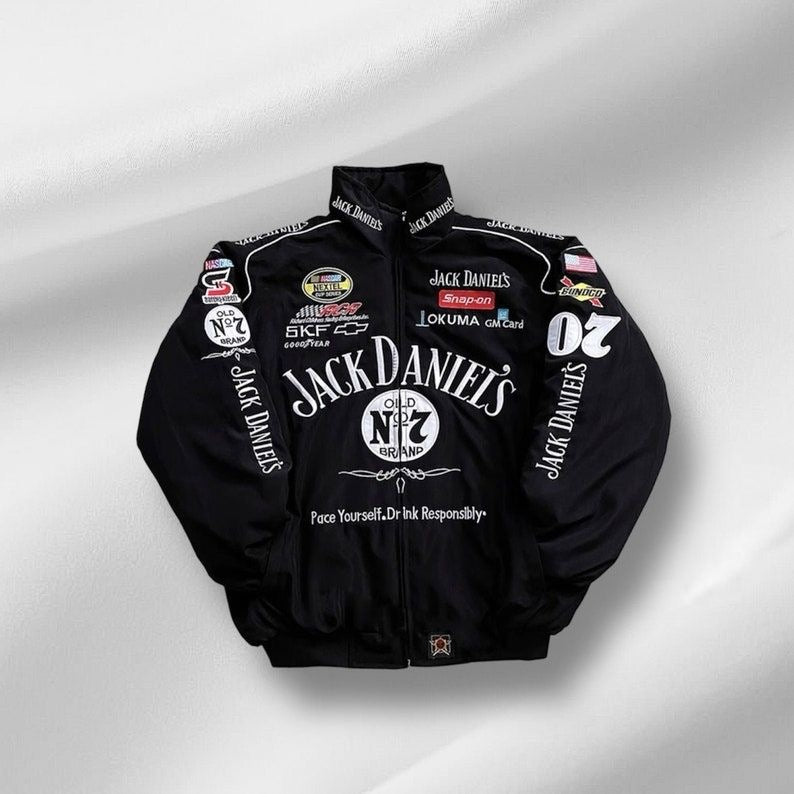 Jack Daniel's Racing Jacket – Black Vintage Motorsport Style Jacket | Unisex Racing Windbreaker | Retro Graphic Jacket