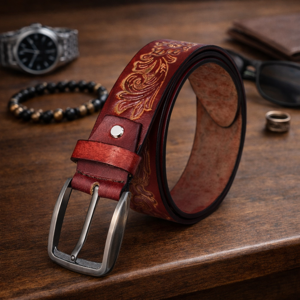 Handcrafted Genuine Leather Floral Embossed Belt for Men & Women | Vintage Western Casual Belt | URBON Fashion