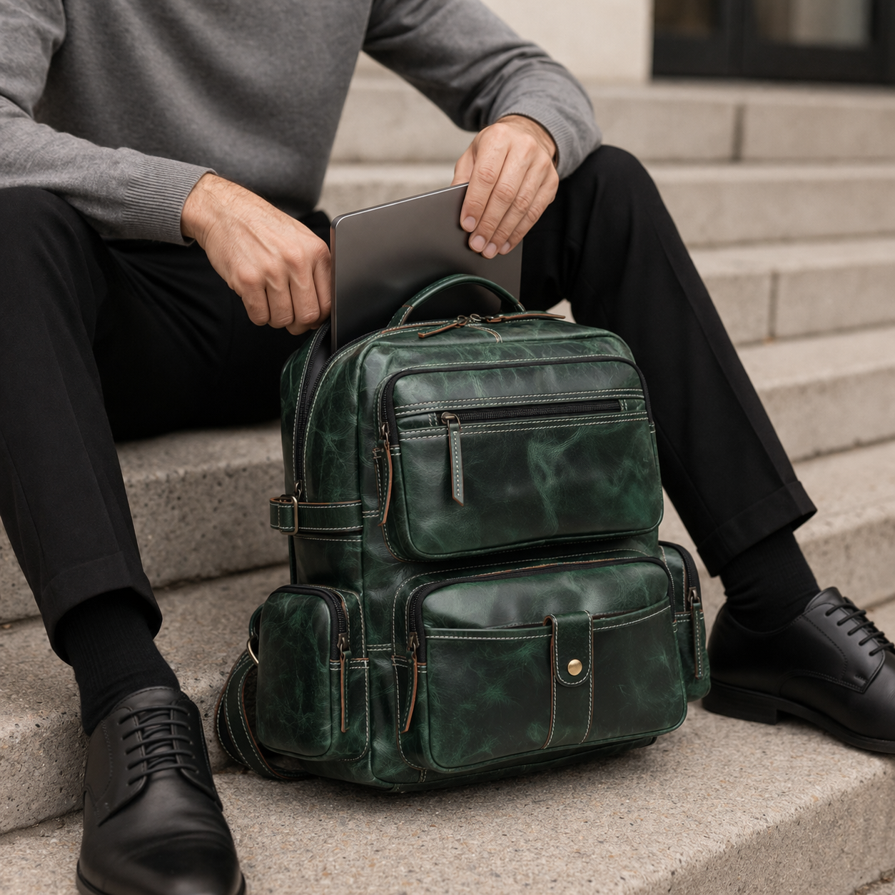Unisex Leather Backpack Premium Travel Laptop Bag Large Capacity Leather Rucksack