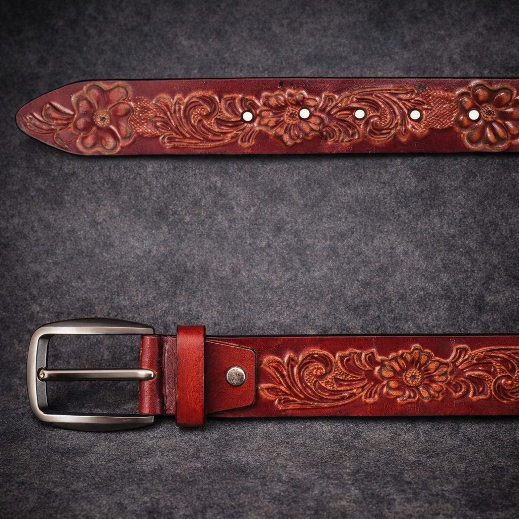 Handcrafted Genuine Leather Floral Embossed Belt for Men & Women | Vintage Western Casual Belt | URBON Fashion
