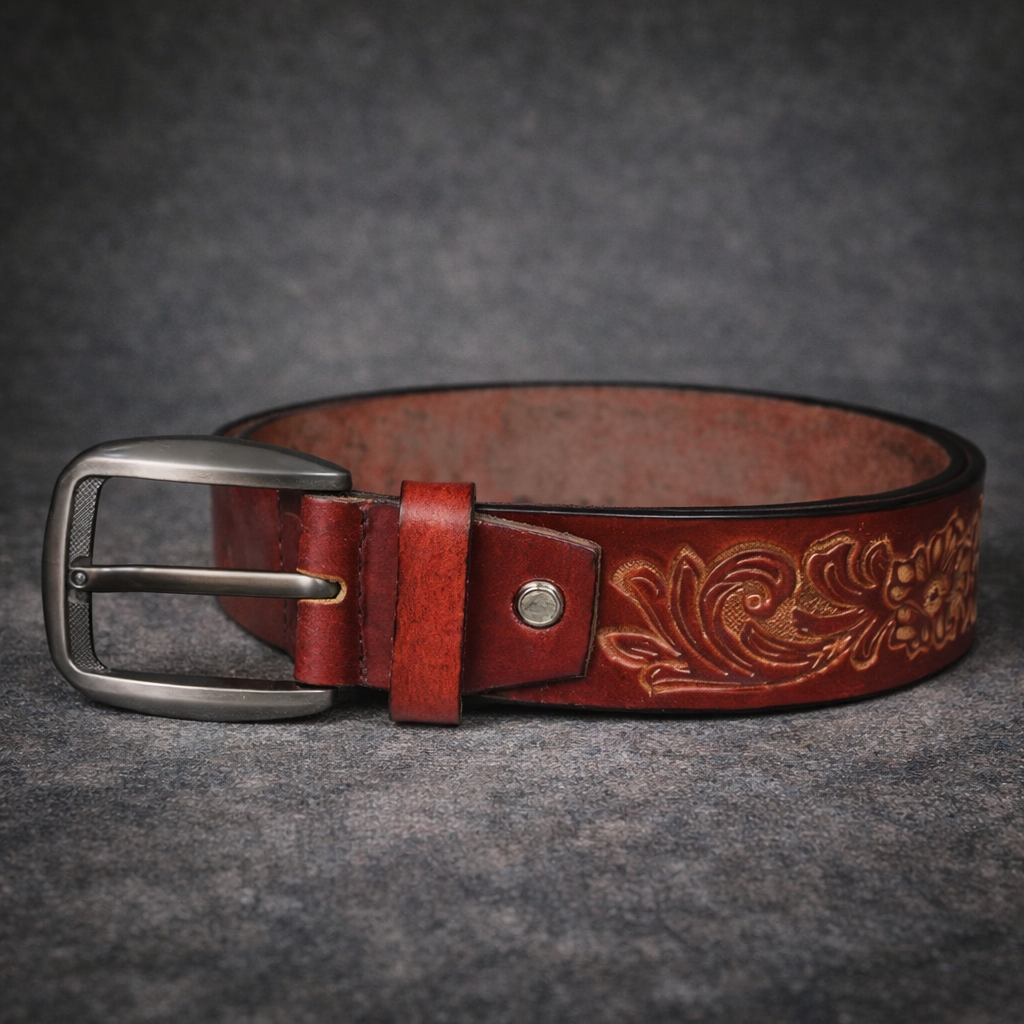 Handcrafted Genuine Leather Floral Embossed Belt for Men & Women | Vintage Western Casual Belt | URBON Fashion