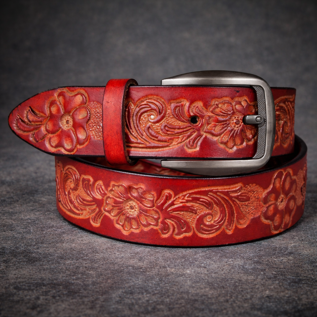 Handcrafted Genuine Leather Floral Embossed Belt for Men & Women | Vintage Western Casual Belt | URBON Fashion