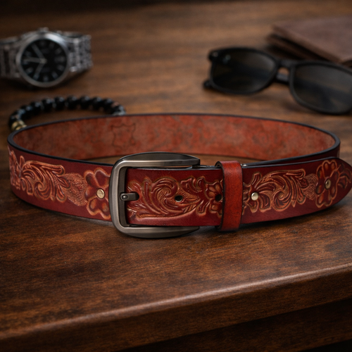 Handcrafted Genuine Leather Floral Embossed Belt for Men & Women | Vintage Western Casual Belt | URBON Fashion