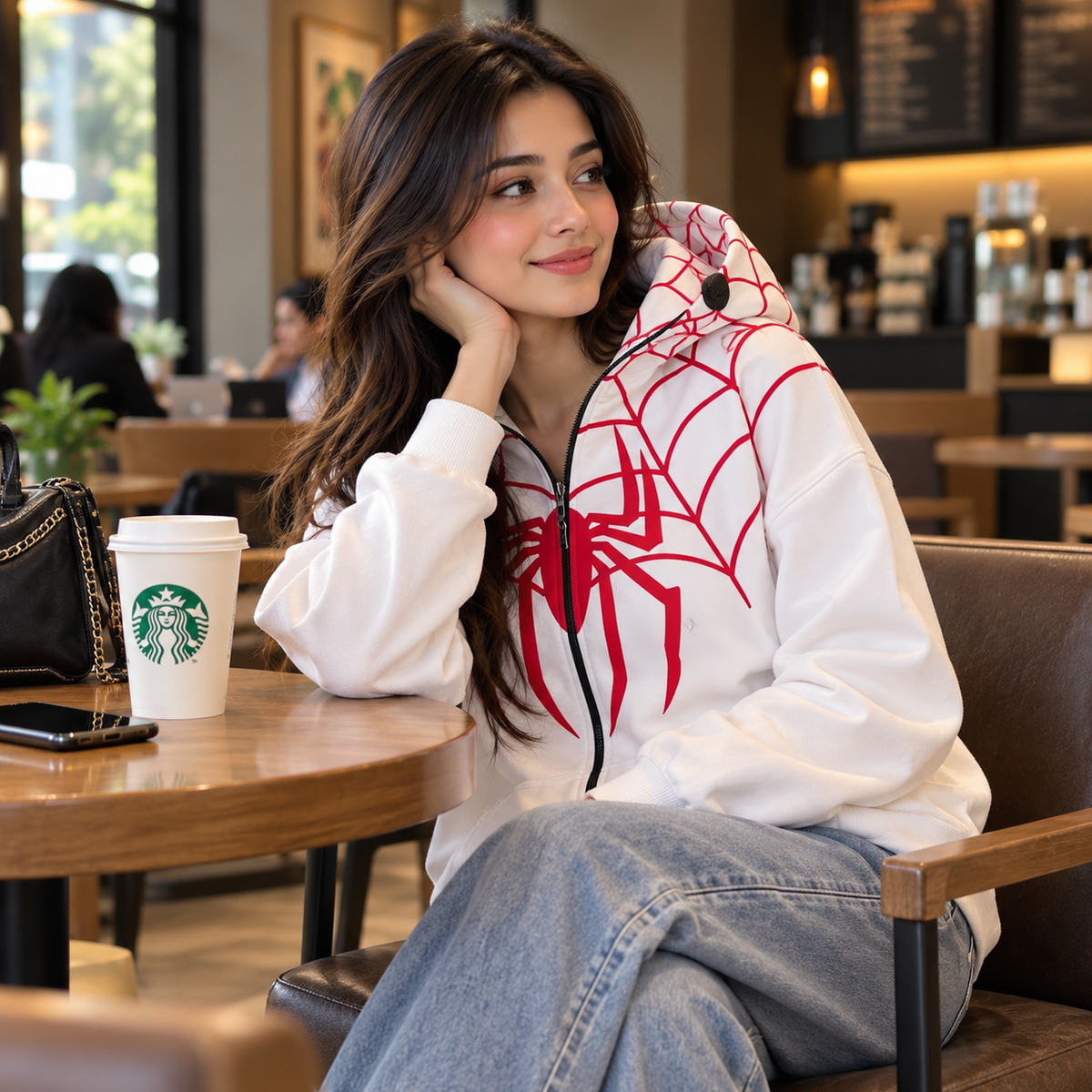 Spider Web Graphic Zip-Up Hoodie – White & Red Streetwear Hoodie | Unisex Oversized Casual Hoodie