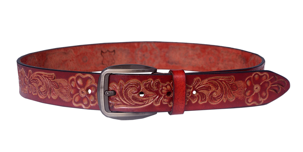 Handcrafted Genuine Leather Floral Embossed Belt for Men & Women | Vintage Western Casual Belt | URBON Fashion
