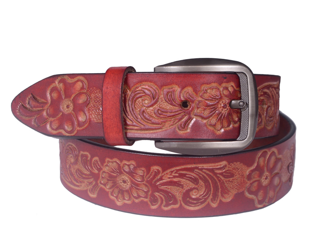 Handcrafted Genuine Leather Floral Embossed Belt for Men & Women | Vintage Western Casual Belt | URBON Fashion