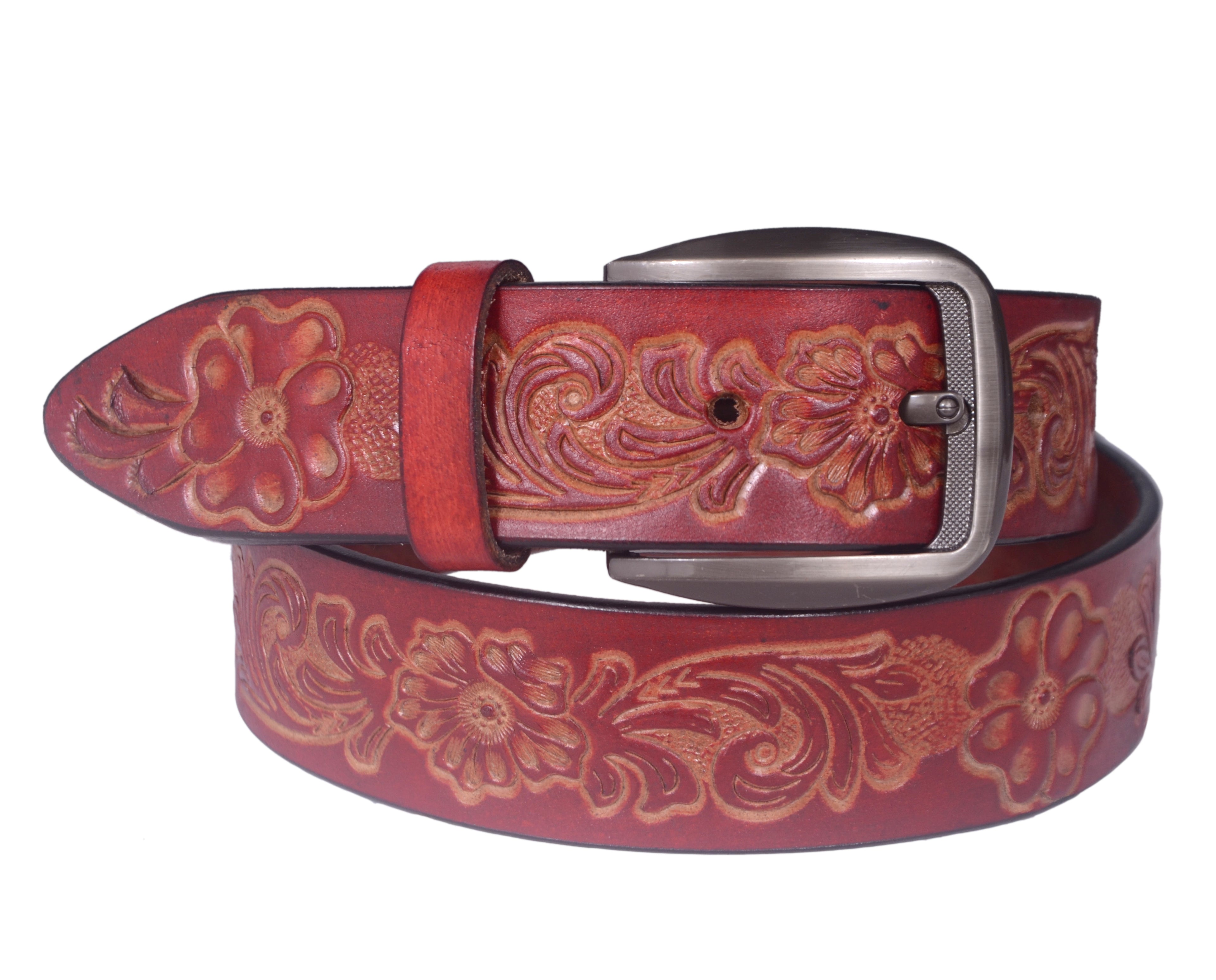 Handcrafted Genuine Leather Floral Embossed Belt for Men & Women | Vintage Western Casual Belt | URBON Fashion