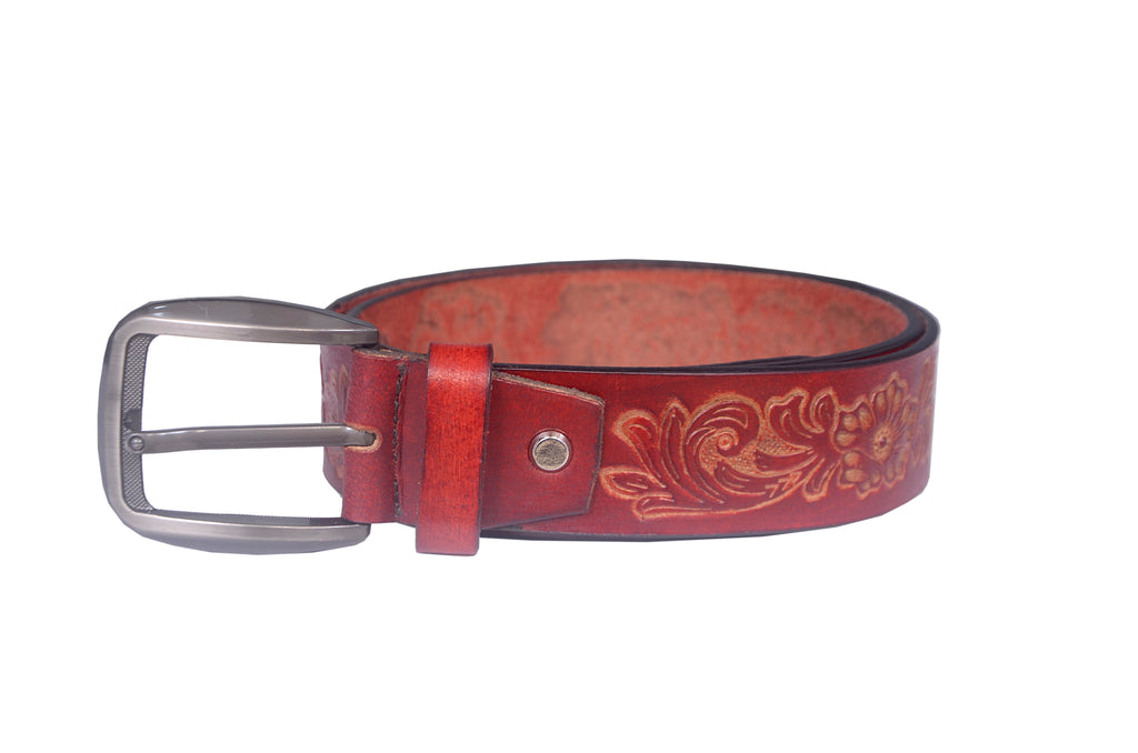 Handcrafted Genuine Leather Floral Embossed Belt for Men & Women | Vintage Western Casual Belt | URBON Fashion