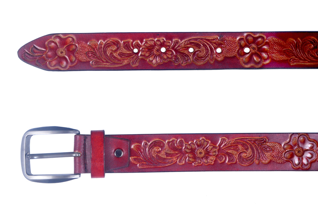 Handcrafted Genuine Leather Floral Embossed Belt for Men & Women | Vintage Western Casual Belt | URBON Fashion