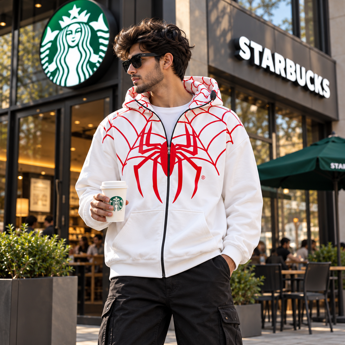 Spider Web Graphic Zip-Up Hoodie – White & Red Streetwear Hoodie | Unisex Oversized Casual Hoodie