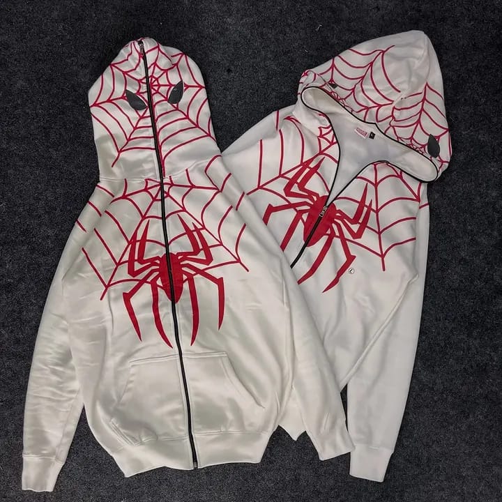 Spider Web Graphic Zip-Up Hoodie – White & Red Streetwear Hoodie | Unisex Oversized Casual Hoodie