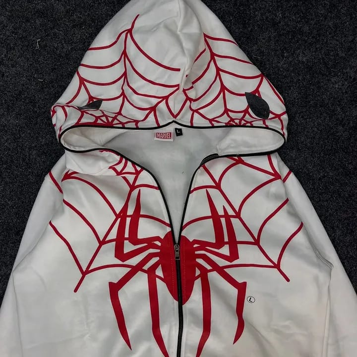 Spider Web Graphic Zip-Up Hoodie – White & Red Streetwear Hoodie | Unisex Oversized Casual Hoodie
