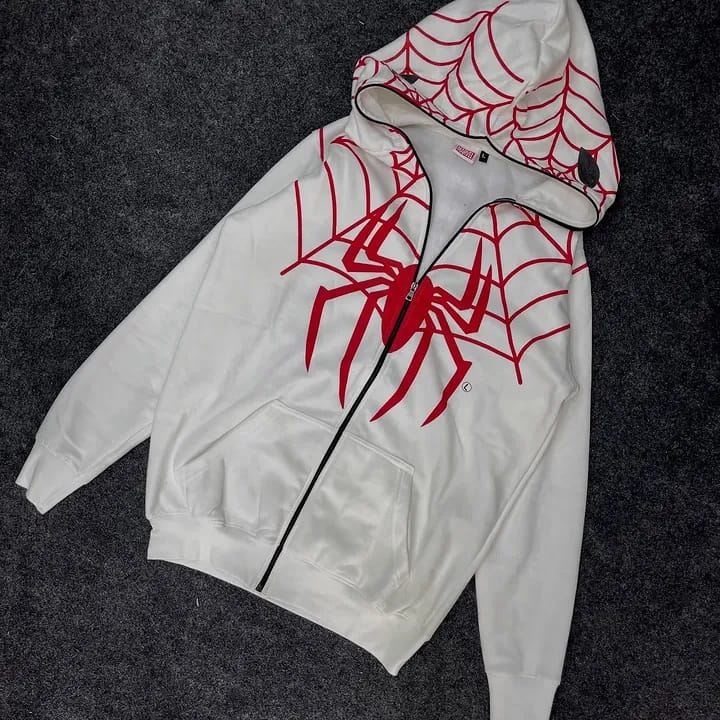 Spider Web Graphic Zip-Up Hoodie – White & Red Streetwear Hoodie | Unisex Oversized Casual Hoodie