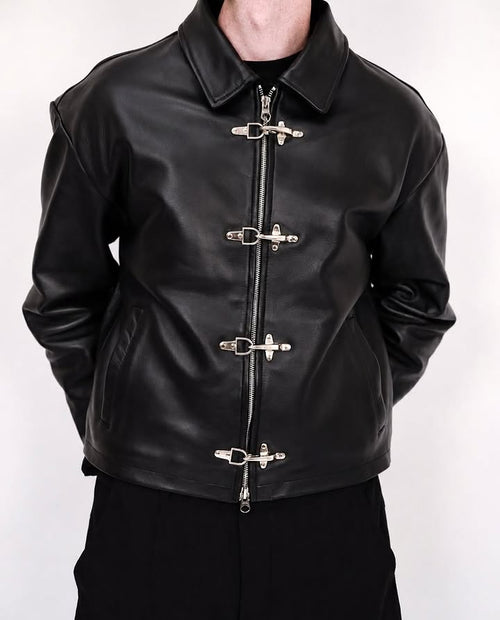 Black Leather Jacket with Toggle Closures – Men's Vintage Motorcycle Jacket | Minimalist Biker Jacket | Black Leather Outerwear