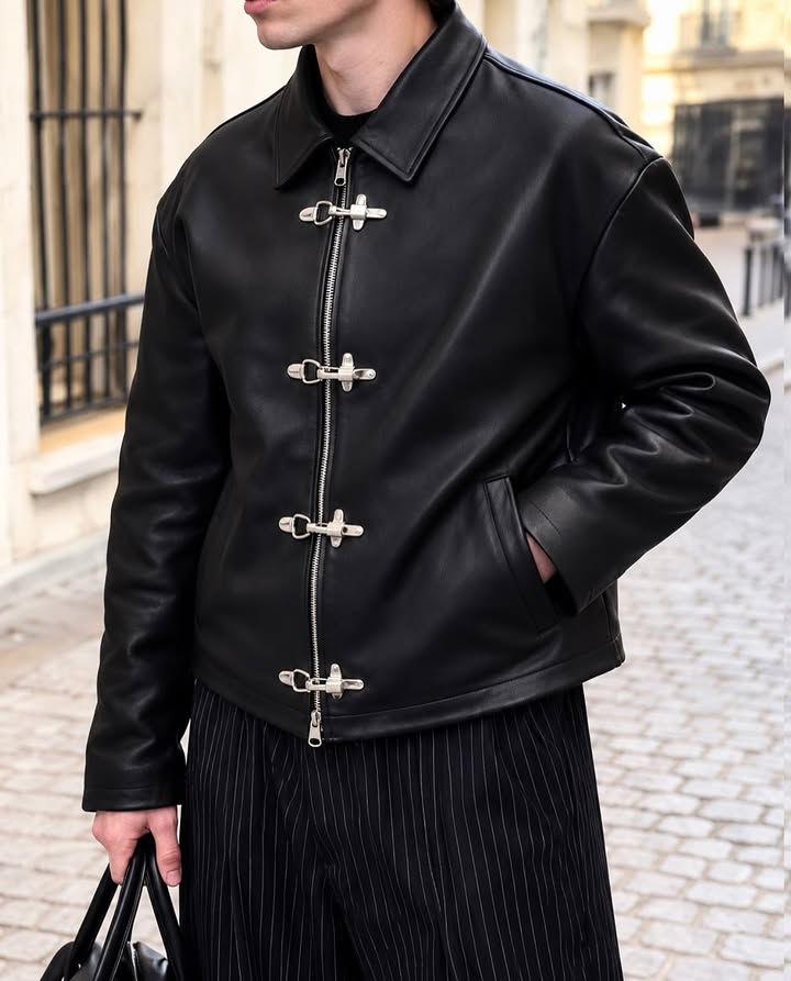 Black Leather Jacket with Toggle Closures – Men's Vintage Motorcycle Jacket | Minimalist Biker Jacket | Black Leather Outerwear