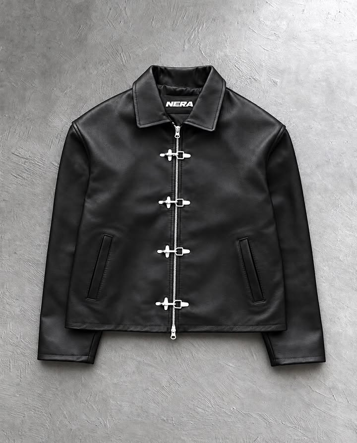 Black Leather Jacket with Toggle Closures – Men's Vintage Motorcycle Jacket | Minimalist Biker Jacket | Black Leather Outerwear